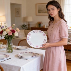 Ensemble <span class=keywords><strong>de</strong></span> 6 assiettes à <span class=keywords><strong>d</strong></span>îner en verre CorningWare Opal Stone vintage blanc, écologiques, 9 pouces - Design floral HARVIT - Product Image 5