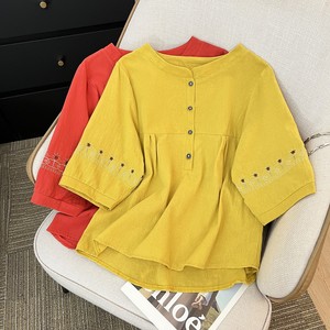 Women's Cotton Linen <b>Blouse</b> Orange <b>Red</b> Yellow Embroidered Three Quarter Sleeve Daily Wear Top - Product Image 2