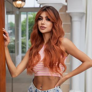Ombre marrón cobre rojo peluca sintética pelucas largas onduladas con flequillo Cosplay fiesta uso fibra resistente al calor para mujeres - Product Image 5
