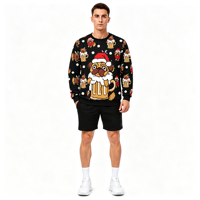 Sweat-shirt décontracté à col rond pour homme avec impression intégrale de Pug de Noël par sublimation personnalisée pour les fêtes de Noël
