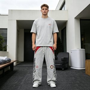 Pantalon de survêtement gris pour homme, double couche, taille mi-haute, coupe large, avec cordon de serrage, décontracté, ample, 100 % coton respirant, idéal pour le printemps - Product Image 1