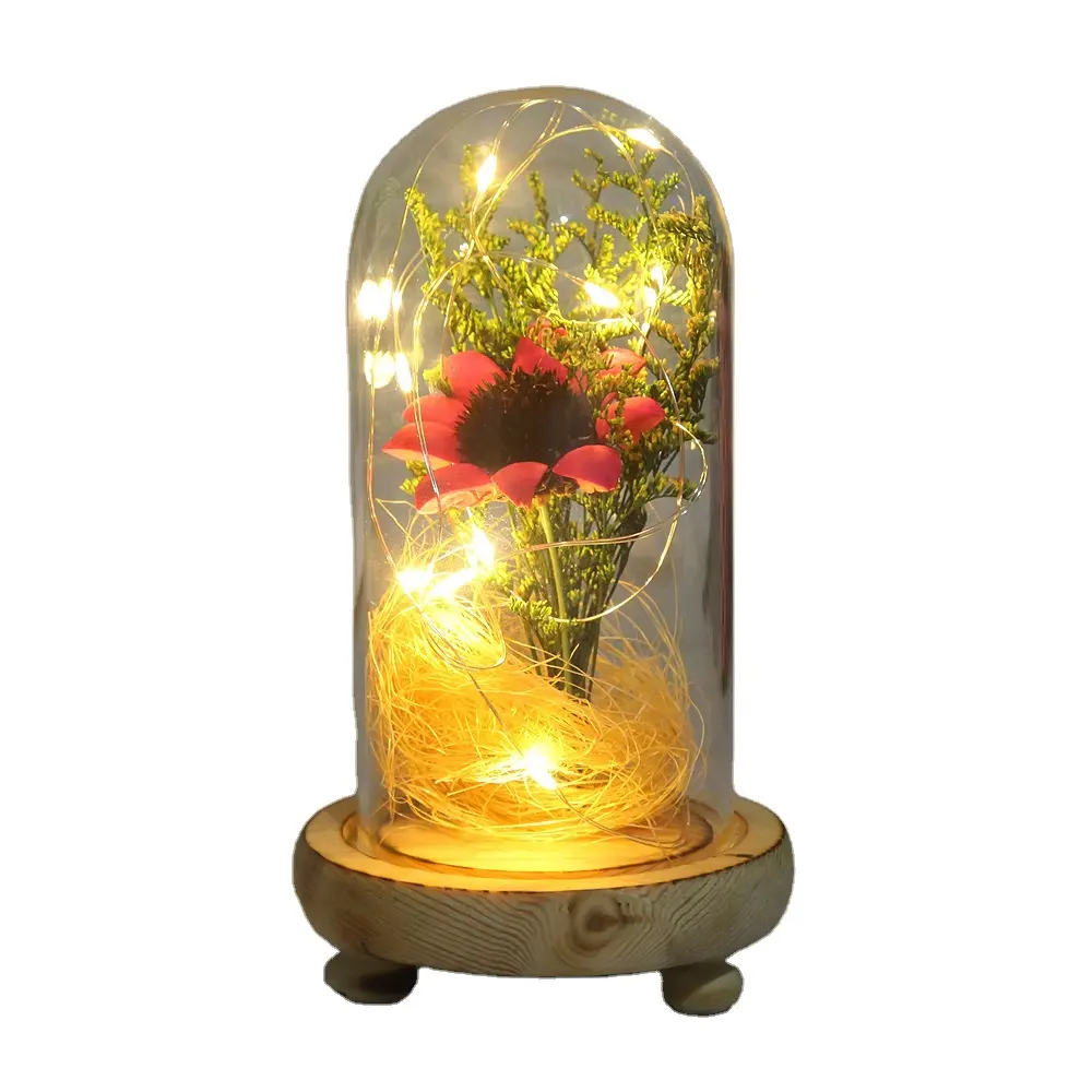 Mother's Day Gift enchanted Golden Rose Led Lamp preserved flowers in Glass Dome sunflower With lights
