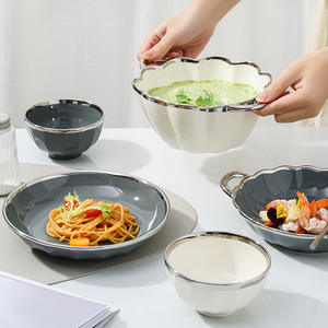 Vaisselle en céramique de luxe à bord <span class=keywords><strong>argent</strong></span>é, bol en <span class=keywords><strong>porcelaine</strong></span> blanc gris, vaisselle, <span class=keywords><strong>assiette</strong></span>, vaisselle de ménage, vente en gros - Product Image 6