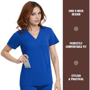 Women's V-Neck Scrub Top <b>4</b> Pocket Premium Stretch Medical Uniform Hospital Workwear Blue - Product Image 2