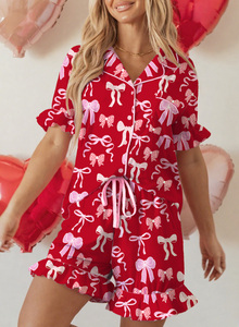 Conjunto de Pijama de 2 Piezas para Mujer Dear-Lover al por Mayor, Camiseta de Manga Corta con Estampado de Lazo Rojo Dulce y Pantalones Cortos con Volantes - Product Image 2