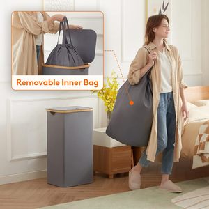 Cesto de Ropa Plegable Grande de 100l con Tapa, Cestas para Ropa Sucia con Asas de Bambú y Bolsa de Lavandería Extraíble - Product Image 6