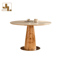 Table à manger ronde en placage de bois de style nordique pour villa, hôtel, restaurant, avec base en bois et plateau en pierre frittée, mobilier de salle à manger