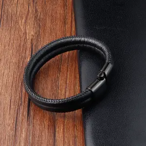 China Manufacturers Bracelet Luxury Black Color Real Men Bracelet Pu Leather Bracelet For Men Jewelry