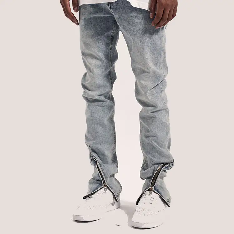 HuiLi OEM wholesale high quality grey washed zipper straight leg Stacked Denim Pants custom flare jeans