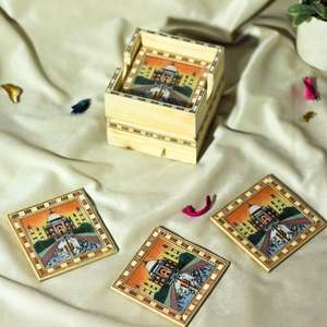 Juego de Posavasos de Madera con Cajón de Almacenamiento, Posavasos Artesanales con Diseño del Taj Mahal, Protección para Mesa, Decoración para el Hogar, Juego de Regalo - Product Image 2