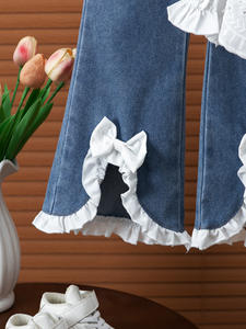 Nuovo Set Primaverile e Autunnale per Ragazze: <span class=keywords><strong>Camicia</strong></span> con Inserti in Pizzo + Pantaloni a Zampa in <span class=keywords><strong>Denim</strong></span> con Fiocco - Product Image 6