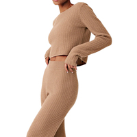 Groothandel Custom Logo Herfst Winter Warm Zacht Zweetpak Lounge Wijde Pijpen Wafel Gebreide Katoenen 2 Delige Dames Trui Set