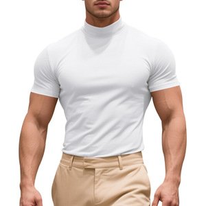 T-shirt da uomo a maniche corte tinta unita estiva 2026, casual, aderente, a collo alto, sottile, strato base - Product Image 3