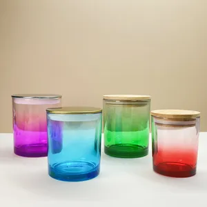 Customized Unique Gradient Color Red Purple Blue Popular Glass Candle Holder Candle Jars With Wood Metal Lids For Wedding Party