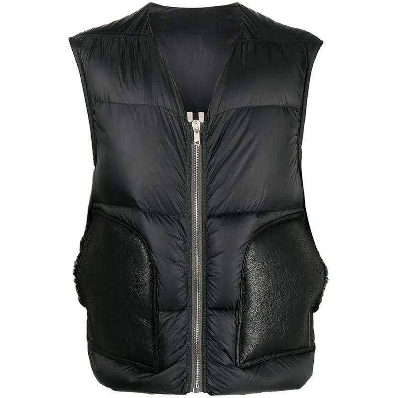 Stylish V-Neck Down Patchwork Leather Sleeveless Straight Padded Design Men's Vest Jacket