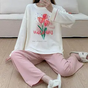 Cô Gái Nhà Mặc Mùa Xuân Ngủ Mặc Quần Áo Pijama De Algodon Pjs Pillama Mujer Cotton 2 Mảnh Bộ Đồ Ngủ Bộ Đồ Ngủ Phụ Nữ Ngủ