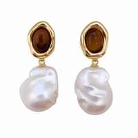 Boucles d'oreilles pendantes Melard Style, exquises, rétro, luxueuses, plaquées or, argent 925, avec pierre œil de tigre, perle d'eau douce baroque Edison