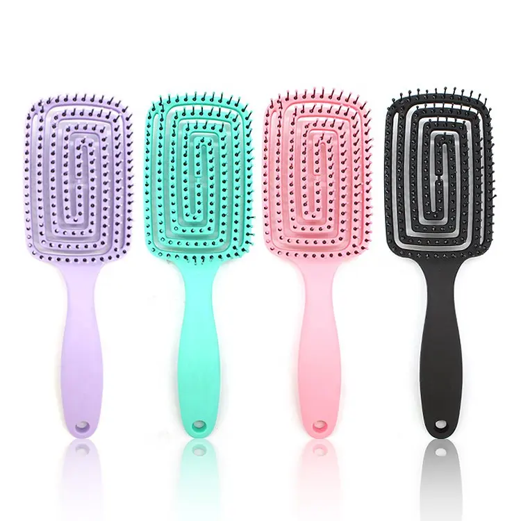 Private Label Ultra Soft Nylon Ball Tipped Curved Plastic Paddle Hairbrush Hollow Vent Hair Brush Detangle Brush for Curly Hair