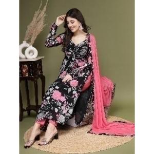 ผู้หญิงดอกไม้ Chinon ปักและกระจกทํางาน Anarkali Kurta จับคู่กับกางเกงและชีฟอง Dupatta ชุดสตรีชาติพันธุ์สวมใส่ - Product Image 1