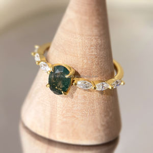 Pendientes de compromiso y boda de ágata musgosa con baño de oro de 18 quilates, anillos de buena suerte para mujer, antideslustre. - Product Image 2