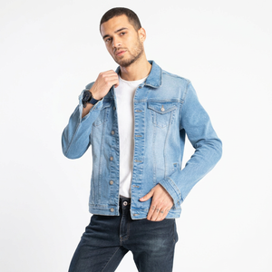 Men's Light Blue Denim Motorcycle Jacket Casual Slim Fit Stand Collar Plain Dyed Washed Cotton Regular Sleeve Autumn Style - Product Image 1