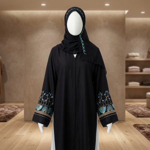 Elegante Conjunto Modesto Abaya Negro Turquesa Bordado - Product Image 2