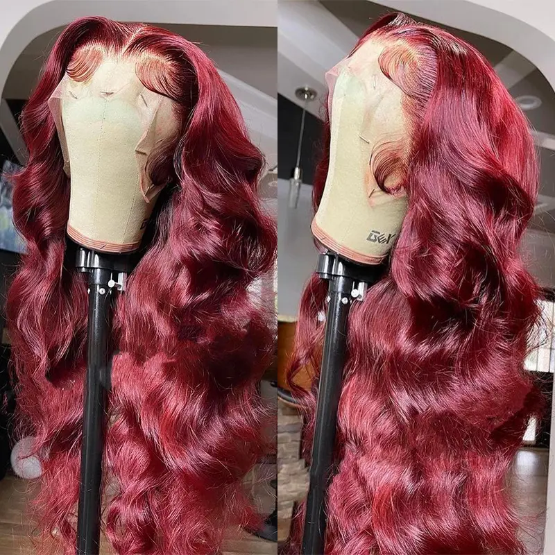Natural Hairline Ombre Brazilian Cuticle Aligned Virgin Hair Vendors Body 99j burgundy Red Color Lace Front Wig Human Hair