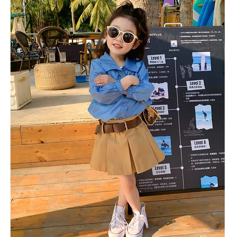 Blus Biru Bayi Perempuan Desain Korea Musim Semi 2023 dengan Rok Lipit Pakaian Kasual Anak-anak Pakaian JJ