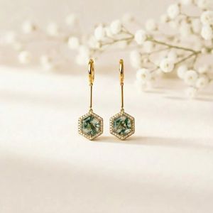 Natural Moss Agate Gemstone <b>Earrings</b> Hexagon Cut <b>Dangle</b> <b>Earrings</b> with Cubic Zirconia Accent in Sterling Silver or 18K <b>Gold</b> - Product Image 1