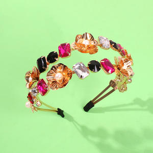 HOVANCI الأزياء خمر الباروك طوق شعر مرصع باللآلئ بلينغ متعدد الألوان زهرة الكريستال حجر الراين عقال لحفل الزفاف - Product Image 5