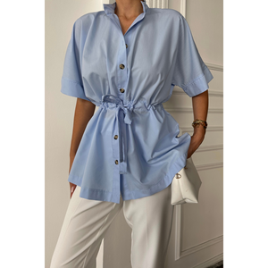 Camisa de Popelina con Detalle de Fruncido en la Cintura, Color Azul Oscuro, Blusa de Mujer, Manga Corta, Cierre de Botones, Cinturón Ajustable, Talla S - Product Image 3