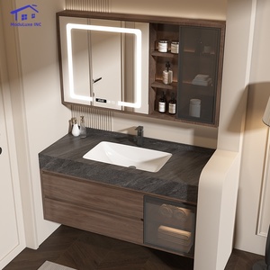 Mueble de baño inteligente de lujo en color marrón con vitrina de vidrio, encimera negra y gabinete de pared. - Product Image 1