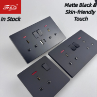 Venta Directa de Fábrica de Interruptores de Pared, Enchufe de Pared Británico Simple y Doble de 13A con USB Tipo-C e Indicador Luminoso, Color Negro Mate