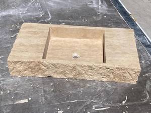 Luxury <b>Rustic</b> Travertine Floating <b>Vanity</b> Sink | Handcrafted Natural Stone Integrated Wall Mounted <b>Bathroom</b> Wash Basin - Product Image 2