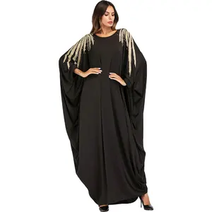 迪拜阿巴亚礼服珍珠装饰蝙蝠袖turkyie马克西礼服头巾奥拉什乌苏拉里视频伊斯兰服装
