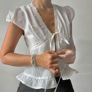 <b>White</b> Lace Tie Front <b>Top</b> Women V Neck Slim Fit <b>Puff</b> <b>Sleeve</b> Ruffle Hem Sweet Sexy European American Style - Product Image 5