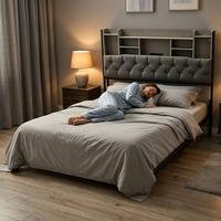 Lit flottant de luxe moderne avec cadre capitonné et tête de lit rembourrée avec rangement, taille King/Queen, plateforme métallique, mobilier de chambre à coucher