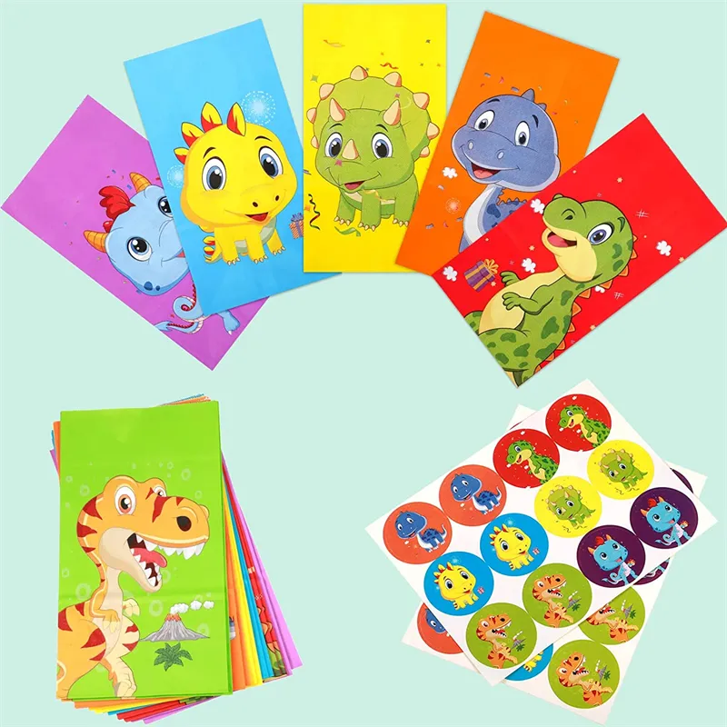Dinosaur Gift Paper Bag With Stickers Party Supplies Kids Boy Birthday Candy Bag Decorations Baby Shower Gift Bags Cute
