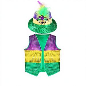 SOLPOP Ensemble de 6 pièces pour déguisement de carnaval Mardi Gras pour hommes, violet, doré, vert, avec chapeau à plumes, gilet, lunettes de soleil, perles, paillettes et colliers pour défilé - Product Image 2
