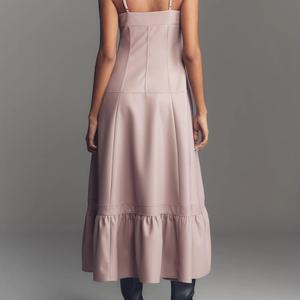 Elegante Vestido Midi Halter de Piel Sintética con Cintura Ajustada y Cierre Frontal Sólido - Servicio OEM - Product Image 2