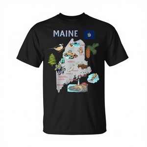 T-shirt avec carte de l'État du Maine, avec points de repère, villes, drapeau américain - Product Image 2