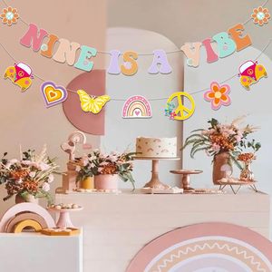 Striscione per il 9° Compleanno 'Groovy Nine Is a Vibe', Decorazioni Retrò e Hippie con Arcobaleno, Accessori per Feste Bohémien - Product Image 6