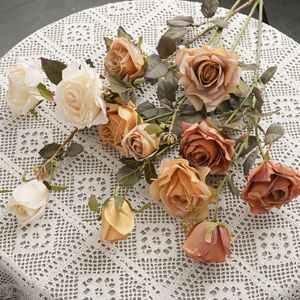CallaFloral Roses Artificielles 3 Têtes Style Rose Brûlée Séchée Décorations de Mariage Tige Unique Tissu Pan Weaving Jaune Vert - Product Image 2