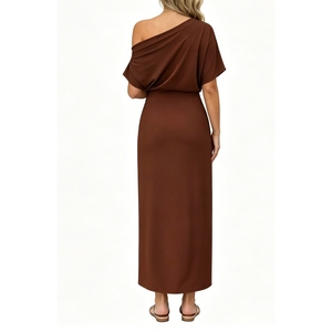 Abito lungo da donna con spalle scoperte, arricciato, scollo asimmetrico, spacco, <span class=keywords><strong>per</strong></span> serate formali, con fibbia decorativa, Sehe Fashion - Product Image 6