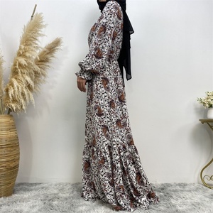 6373# Vintage Ethnic Floral Long Dress High Waist Muslim Women A-line Printed <b>Maxi</b> Dresses Islamic Clothing 3 Colors - Product Image 2