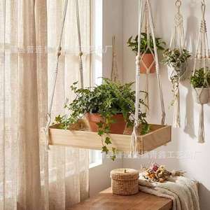 Hanging Wooden <b>Plant</b> Rack <b>Rectangle</b> 1 Tier Hangable Indoor Outdoor Flower <b>Pot</b> Storage Shelf No Drilling Required - Product Image 2