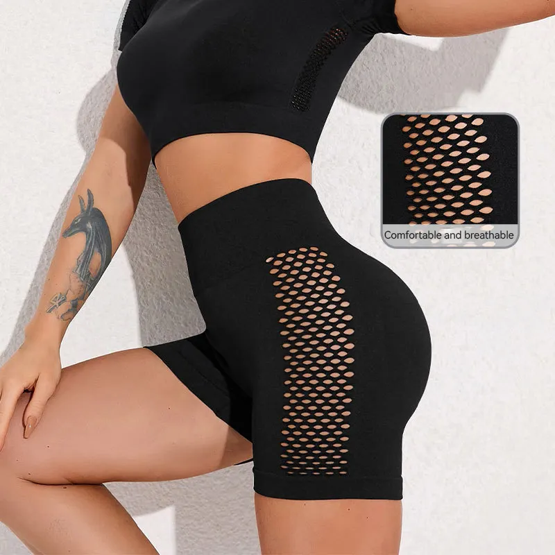 Custom Logo Compressie Workout Fitness Yoga Hardloopshorts Gym Buit Scrunch Butt Biker Shorts Vrouwen Sexy Mesh Shorts