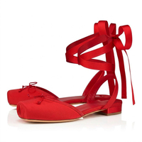 Ballerines à bout carré en satin noir, rouge blush, avec lacets à nouer à la cheville, style féminin parisien