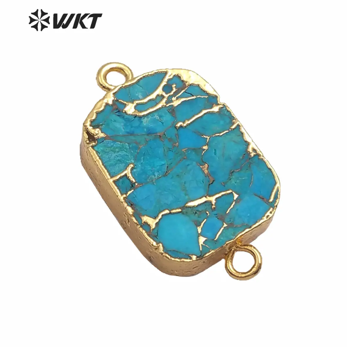 WT-C282 Natural Blue Vein Turquoises Pendant Double Hoops Turquoises Stone Connector Gold Pendant For Women Jewelry Making