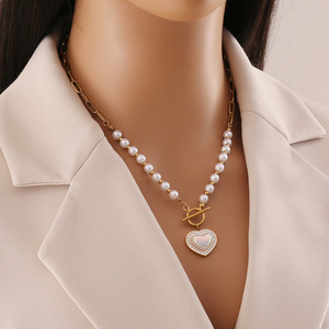 Nhà Máy Nhà Cung Cấp Thương Hiệu Mới Giả Ngọc Trai Trái Tim Chữ Thập Mặt Dây Chuyền Vòng Cổ Phổ Biến OT Khóa Hạt Ngọc Trai Trái Tim Chữ Thập Vòng Cổ Quyến Rũ - Product Image 1